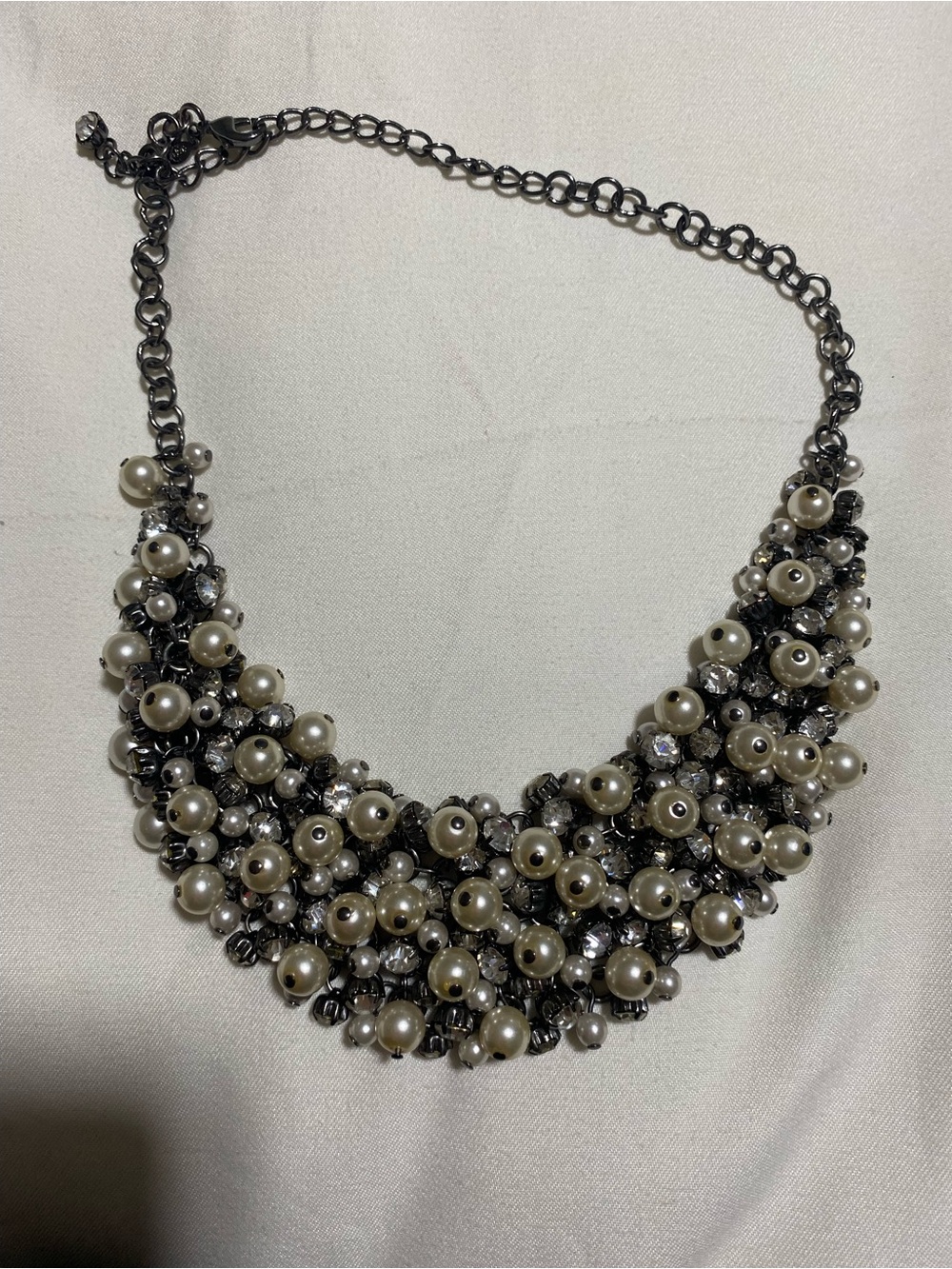 Gunmetal Pearl Cluster Bib Necklace - Ivory Pearls